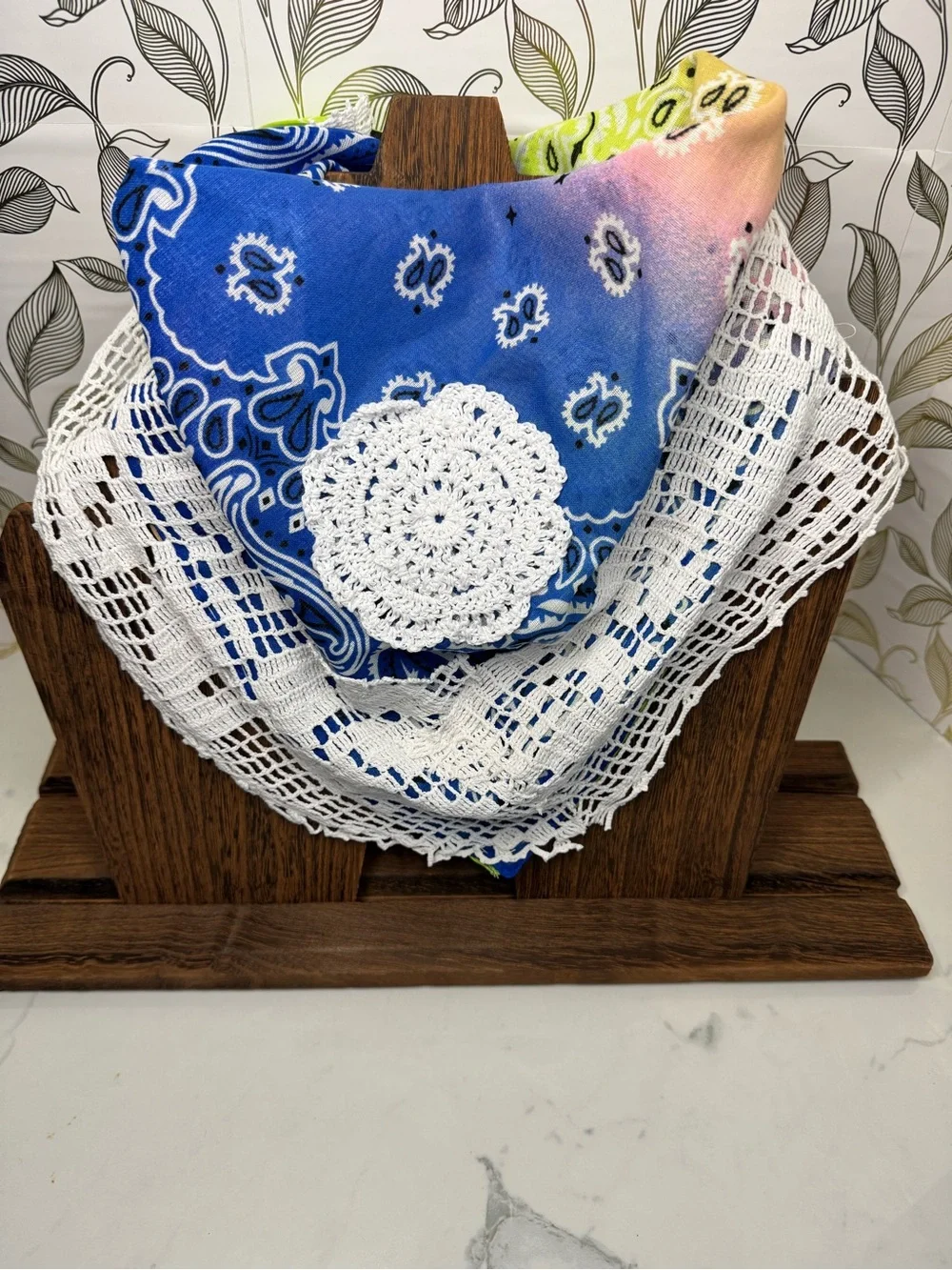 Blue Gradient Up-cycled Bandana Scarf with White Crochet Trim